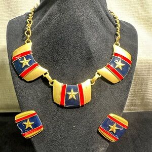 NOS/ Vtg Gold Toned, Blue & Red Enamel Patriotic Necklace & Earring Set